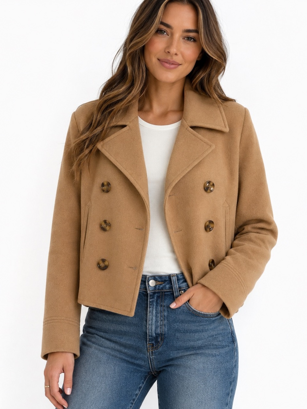 Via Double-Breasted Cropped coat jacket wool blend woman’s large - Camel caramel